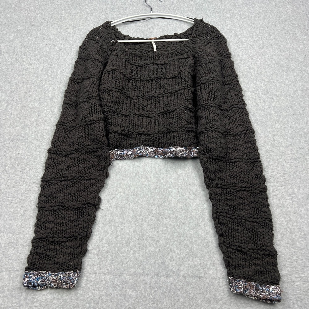 Free People West Palm Pullover Women's XS Gray Chunky Knit Cropped Boho Sweater